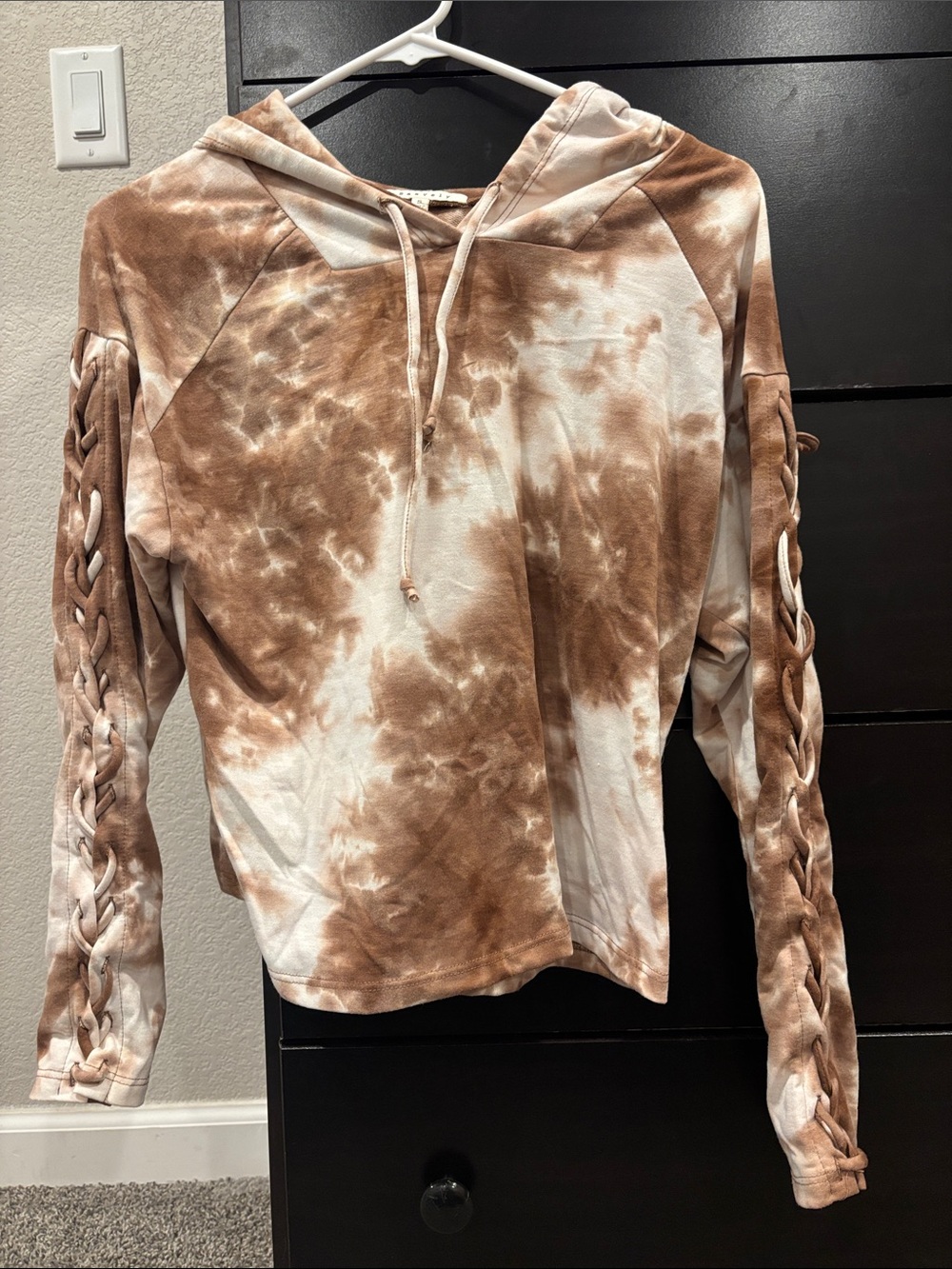 Women’s Brown Tie-Dye Hoodie with Lattice Sleeve Detail
